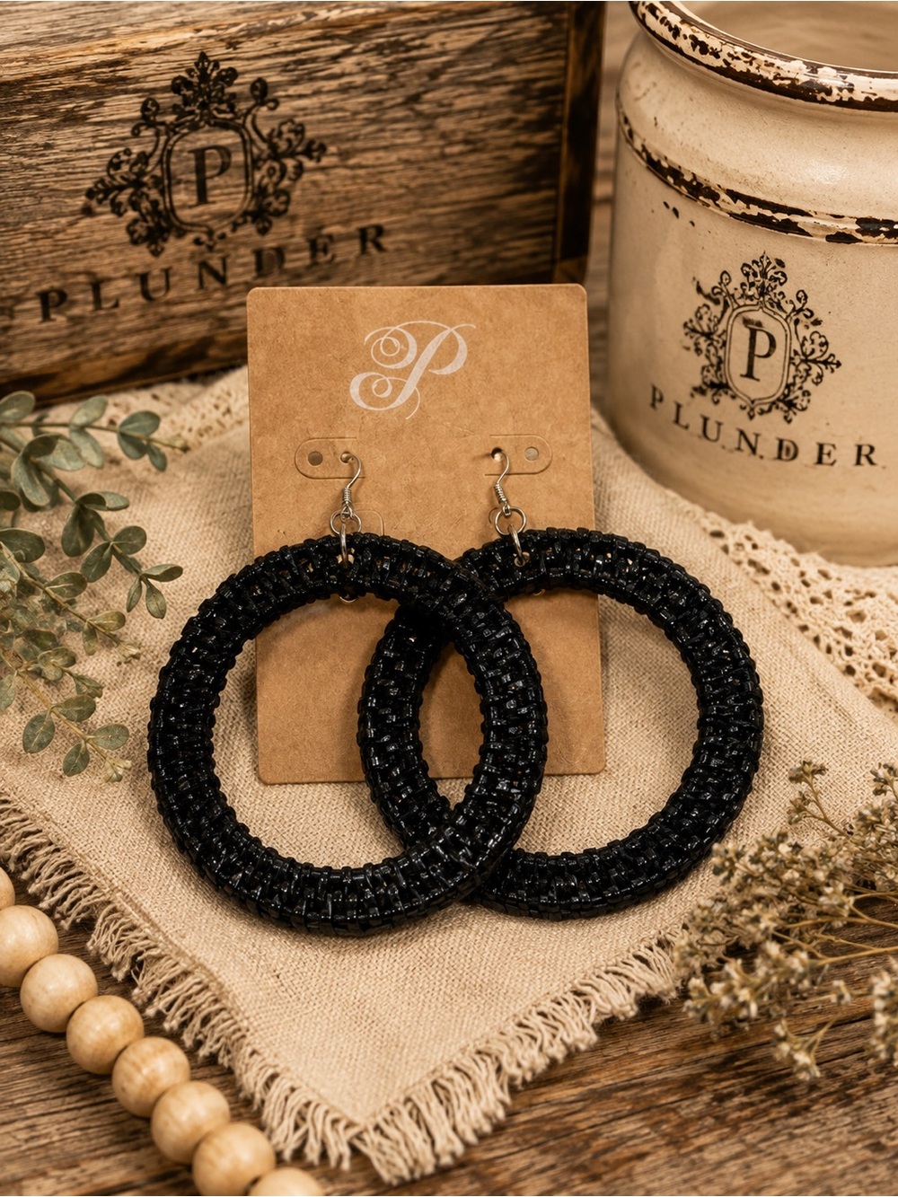 Plunder Black Woven Hoop Earrings 🖤✨